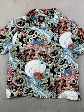 Ed Hardy Mens Japan Bee Camp Shirt Large Button Up All Over Print Raijin Fujin